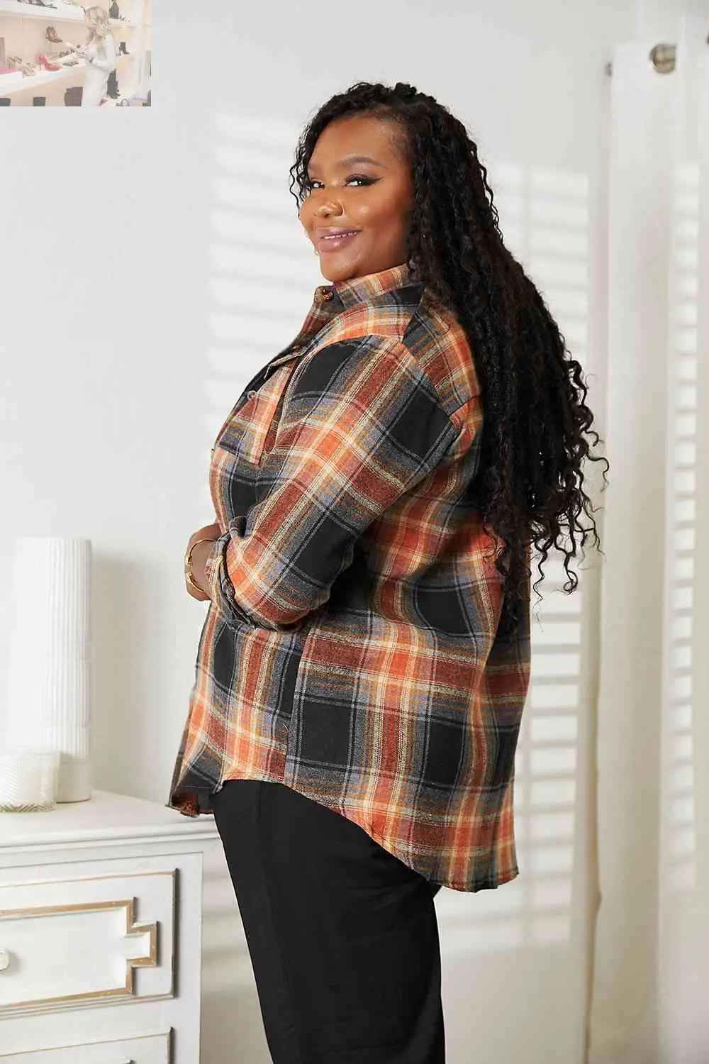 Double Take Plaid Dropped Shoulder Shirt - MegaSuperStar