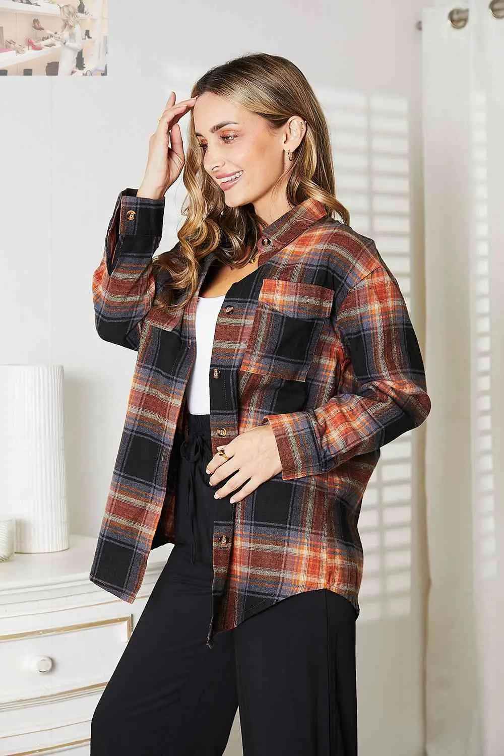 Double Take Plaid Dropped Shoulder Shirt - MegaSuperStar