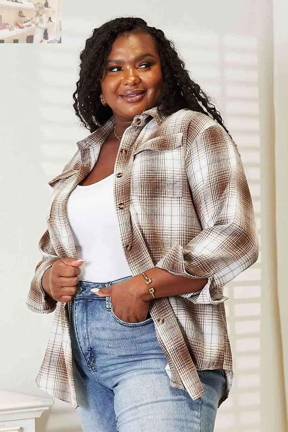 Double Take Plaid Dropped Shoulder Shirt - MegaSuperStar