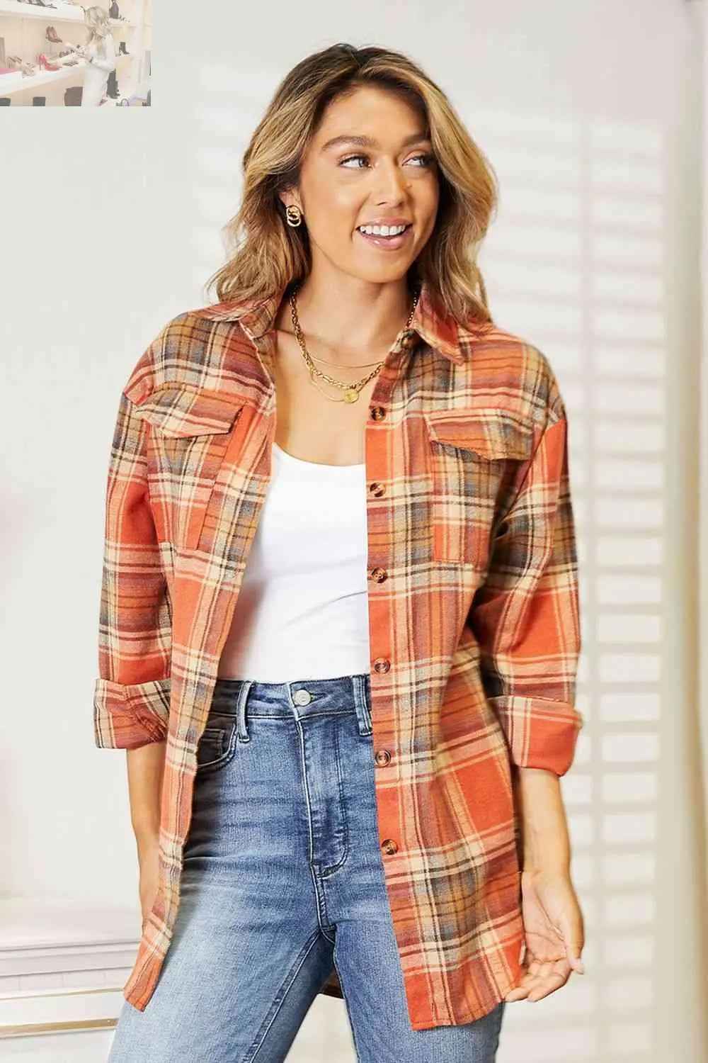 Double Take Plaid Dropped Shoulder Shirt - MegaSuperStar