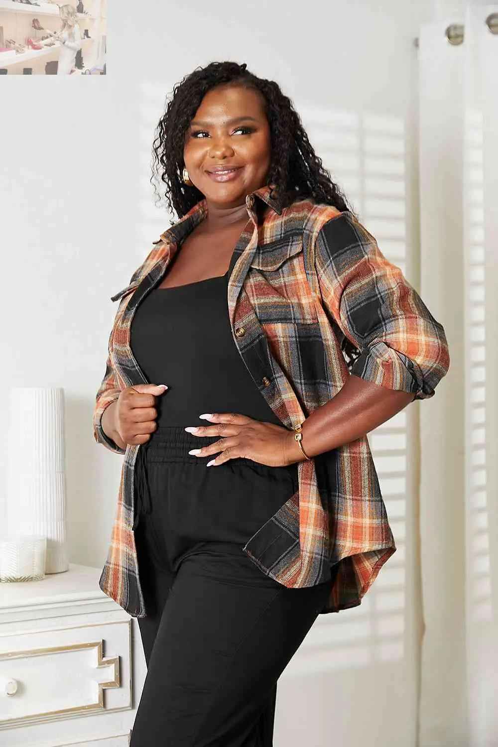 Double Take Plaid Dropped Shoulder Shirt - MegaSuperStar