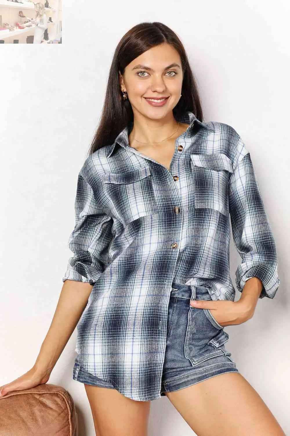 Double Take Plaid Dropped Shoulder Shirt - MegaSuperStar