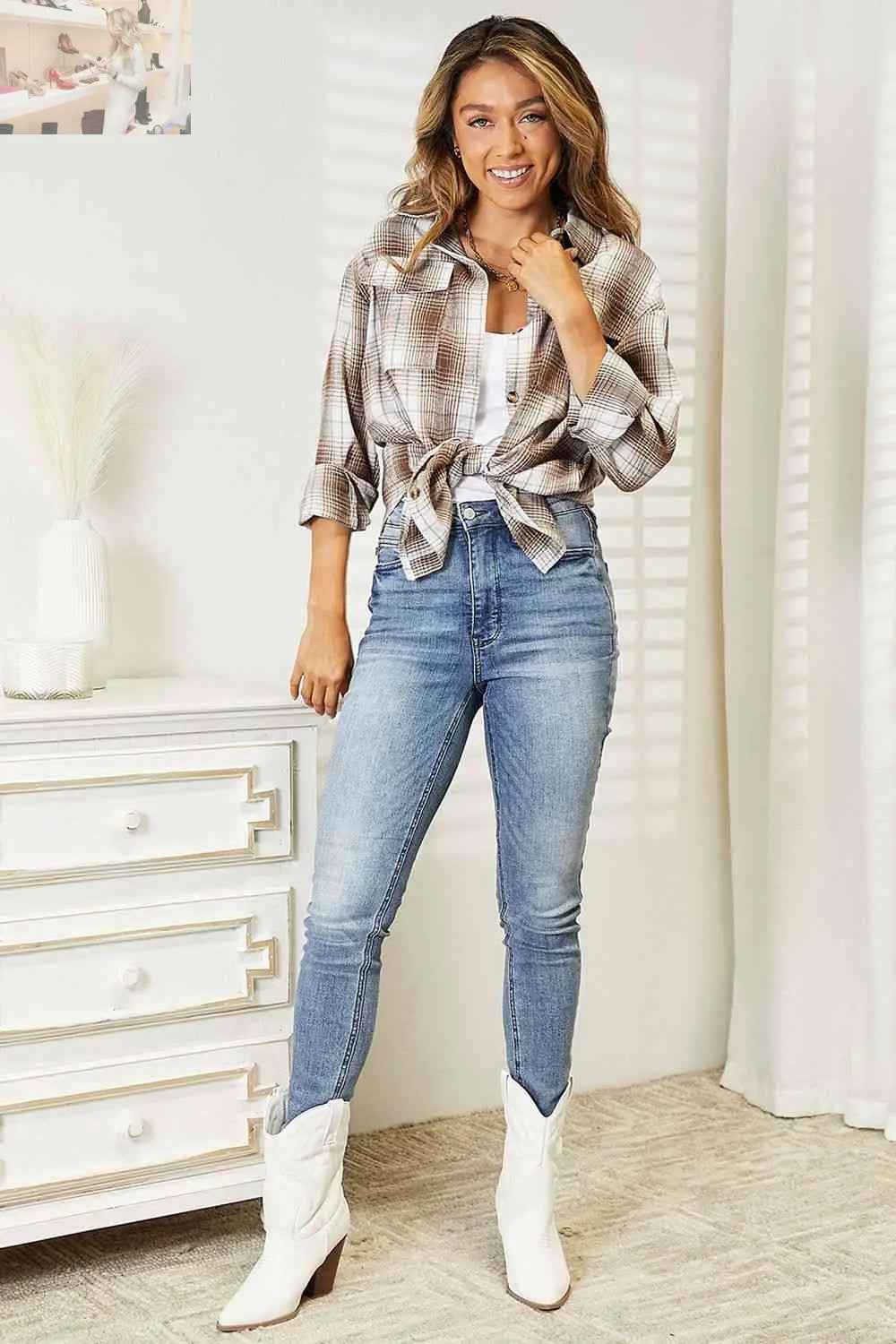 Double Take Plaid Dropped Shoulder Shirt - MegaSuperStar