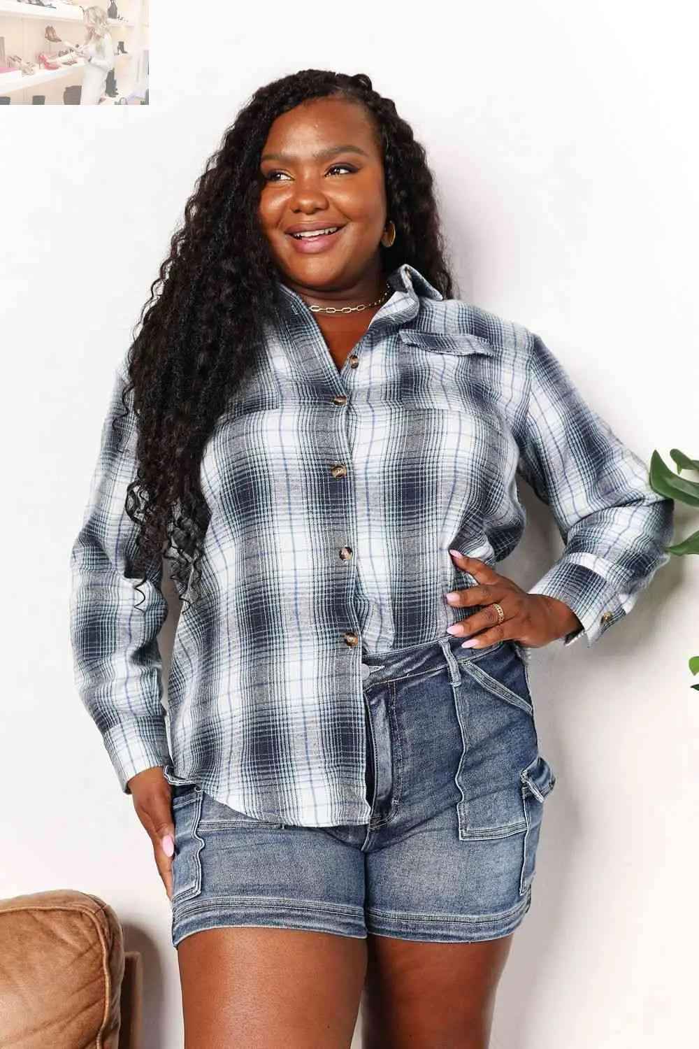 Double Take Plaid Dropped Shoulder Shirt - MegaSuperStar