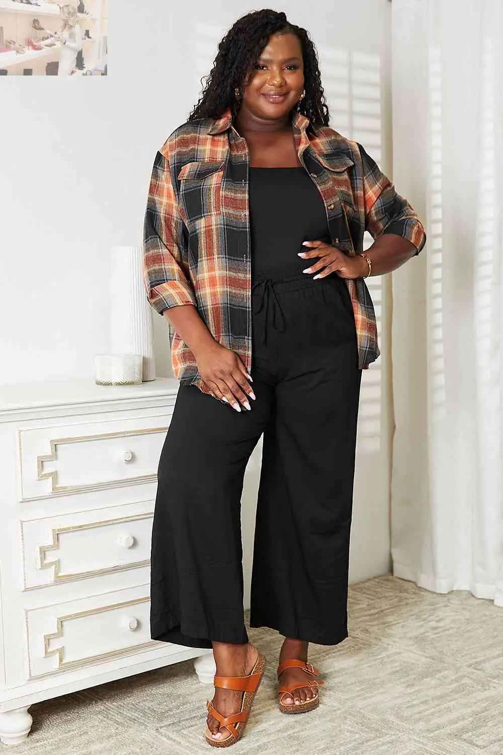 Double Take Plaid Dropped Shoulder Shirt - MegaSuperStar