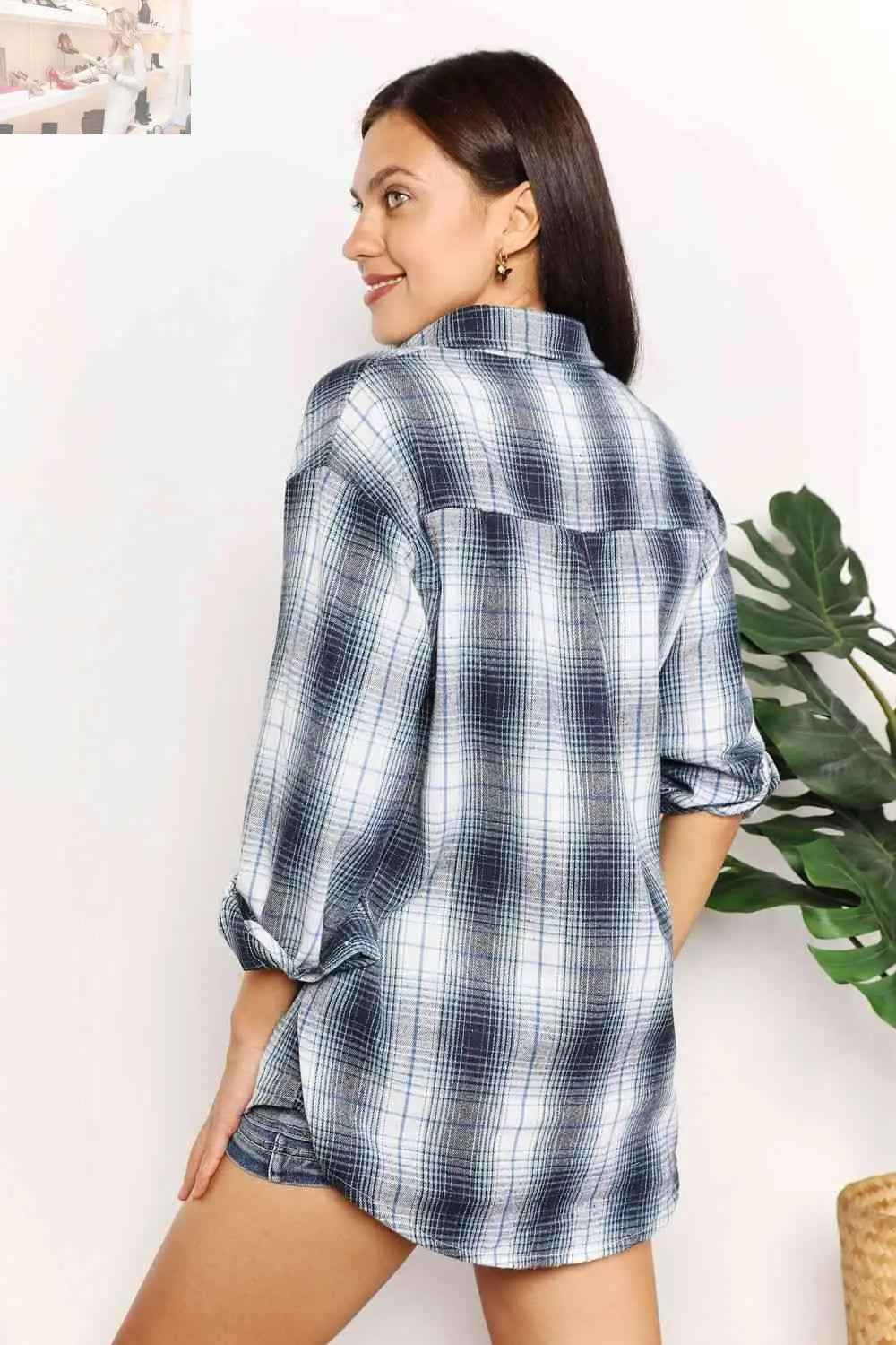 Double Take Plaid Dropped Shoulder Shirt - MegaSuperStar