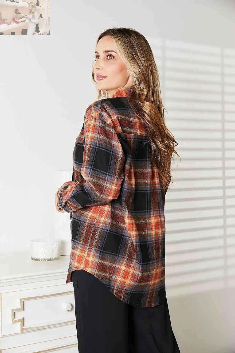 Double Take Plaid Dropped Shoulder Shirt - MegaSuperStar