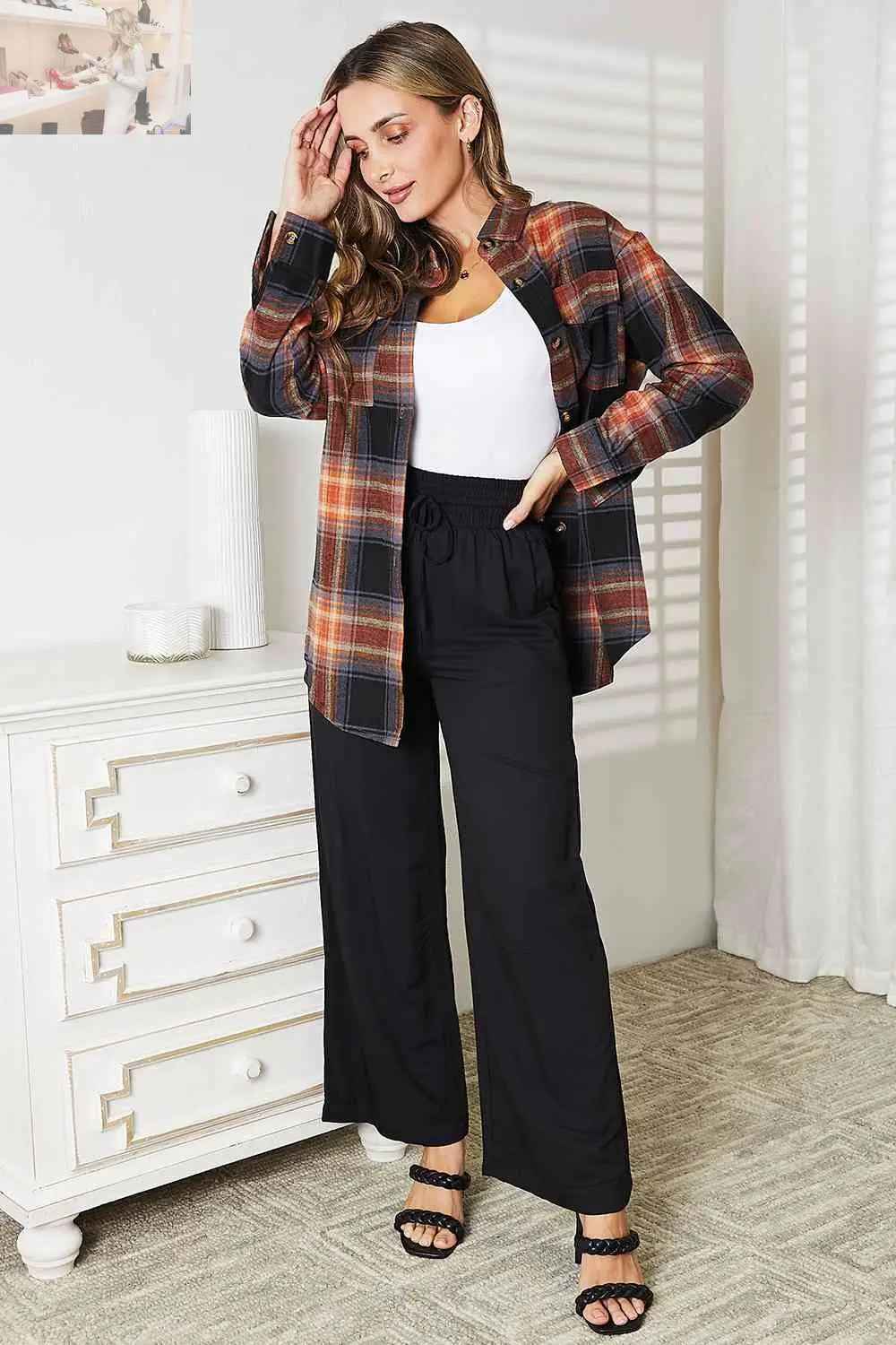 Double Take Plaid Dropped Shoulder Shirt - MegaSuperStar