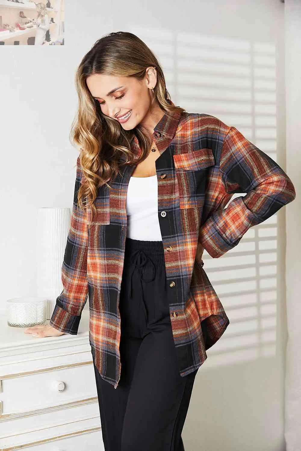 Double Take Plaid Dropped Shoulder Shirt - MegaSuperStar