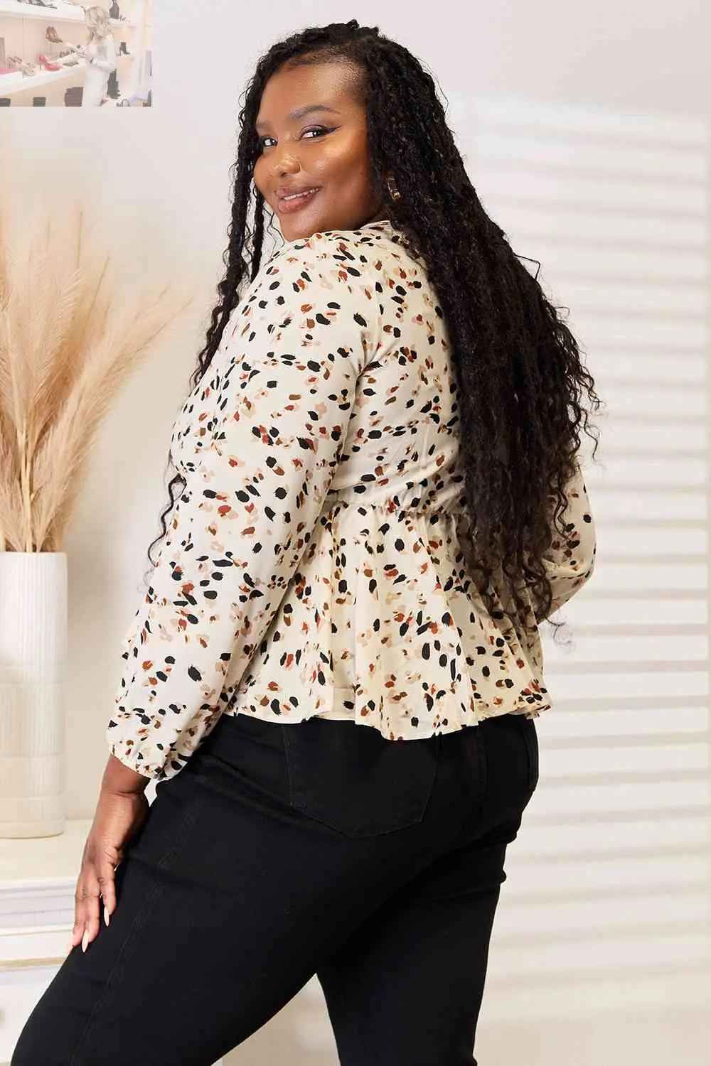 Double Take Printed Peplum Blouse with Plunge Neckline - MegaSuperStar