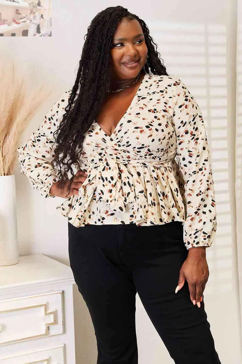 Double Take Printed Peplum Blouse with Plunge Neckline - MegaSuperStar