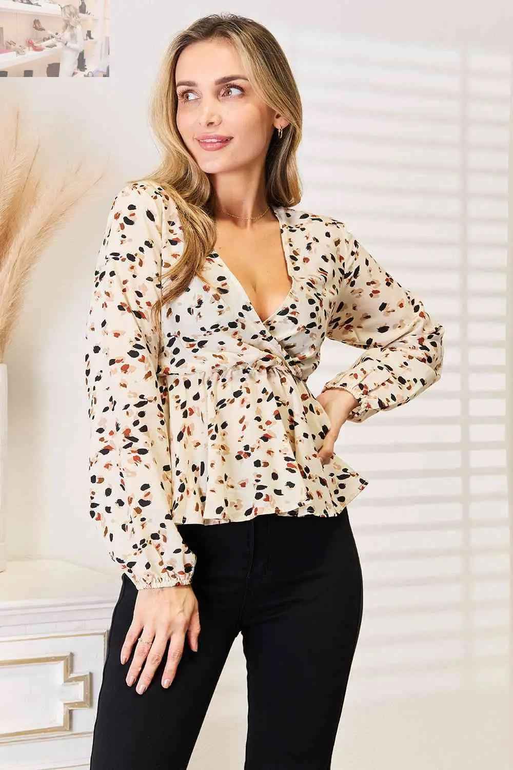Double Take Printed Peplum Blouse with Plunge Neckline - MegaSuperStar