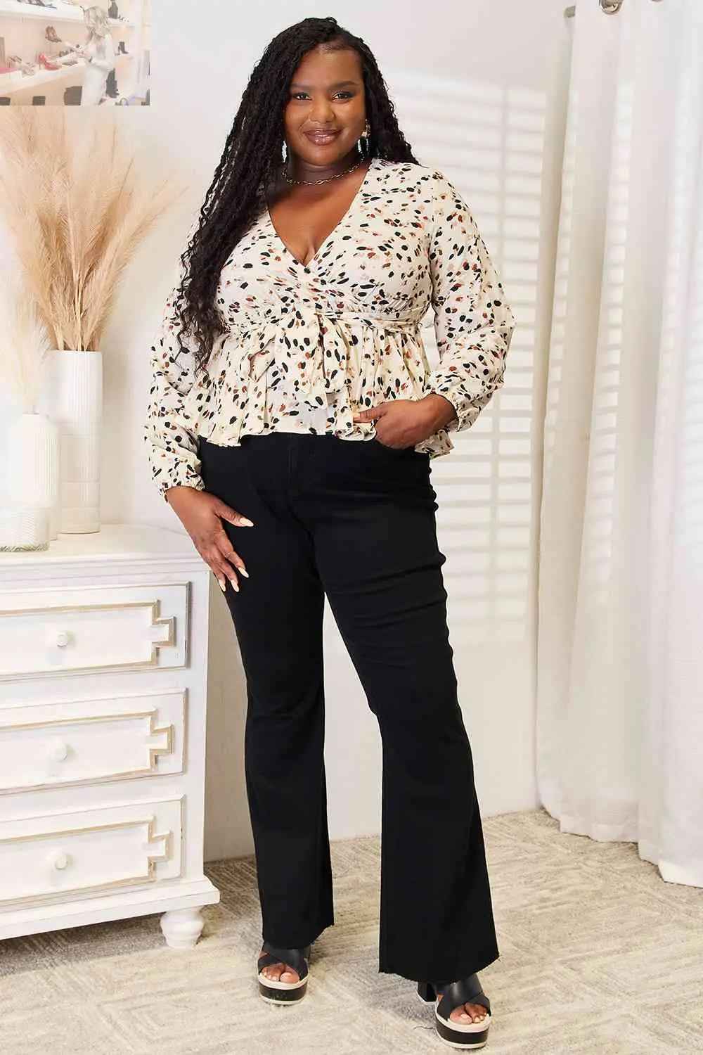 Double Take Printed Peplum Blouse with Plunge Neckline - MegaSuperStar