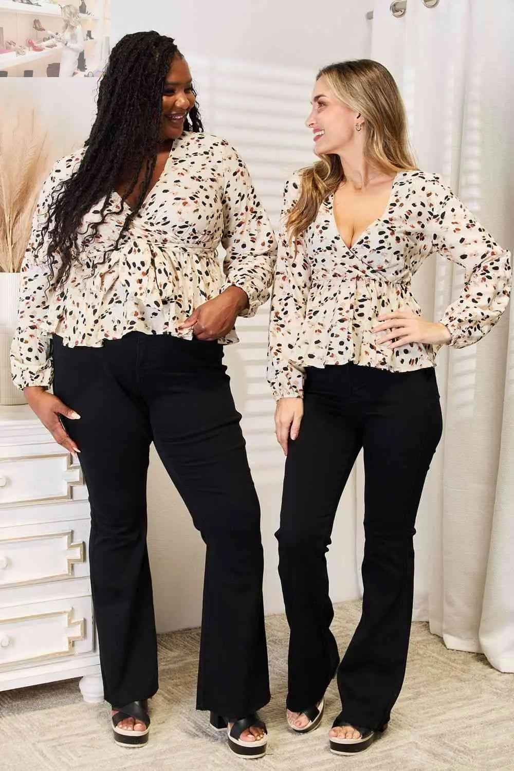 Double Take Printed Peplum Blouse with Plunge Neckline - MegaSuperStar