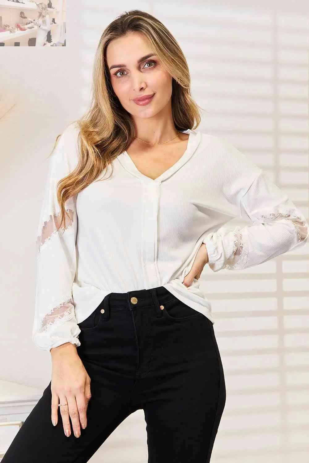 Double Take V - Neck Blouse with Dropped Shoulders for Effortless Style - MegaSuperStar