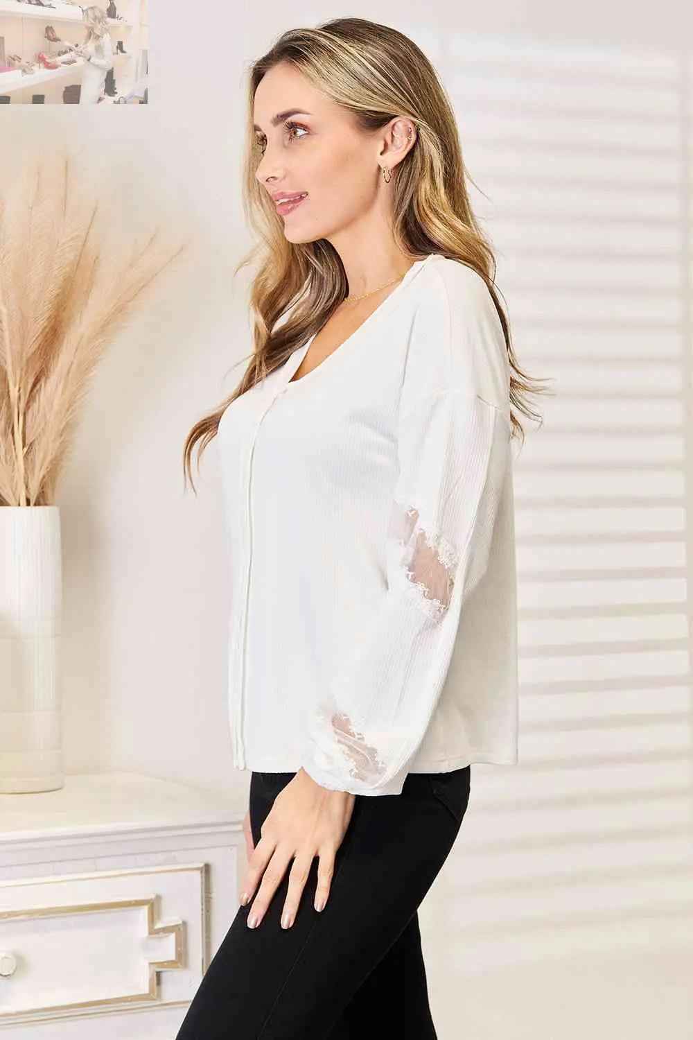 Double Take V - Neck Blouse with Dropped Shoulders for Effortless Style - MegaSuperStar