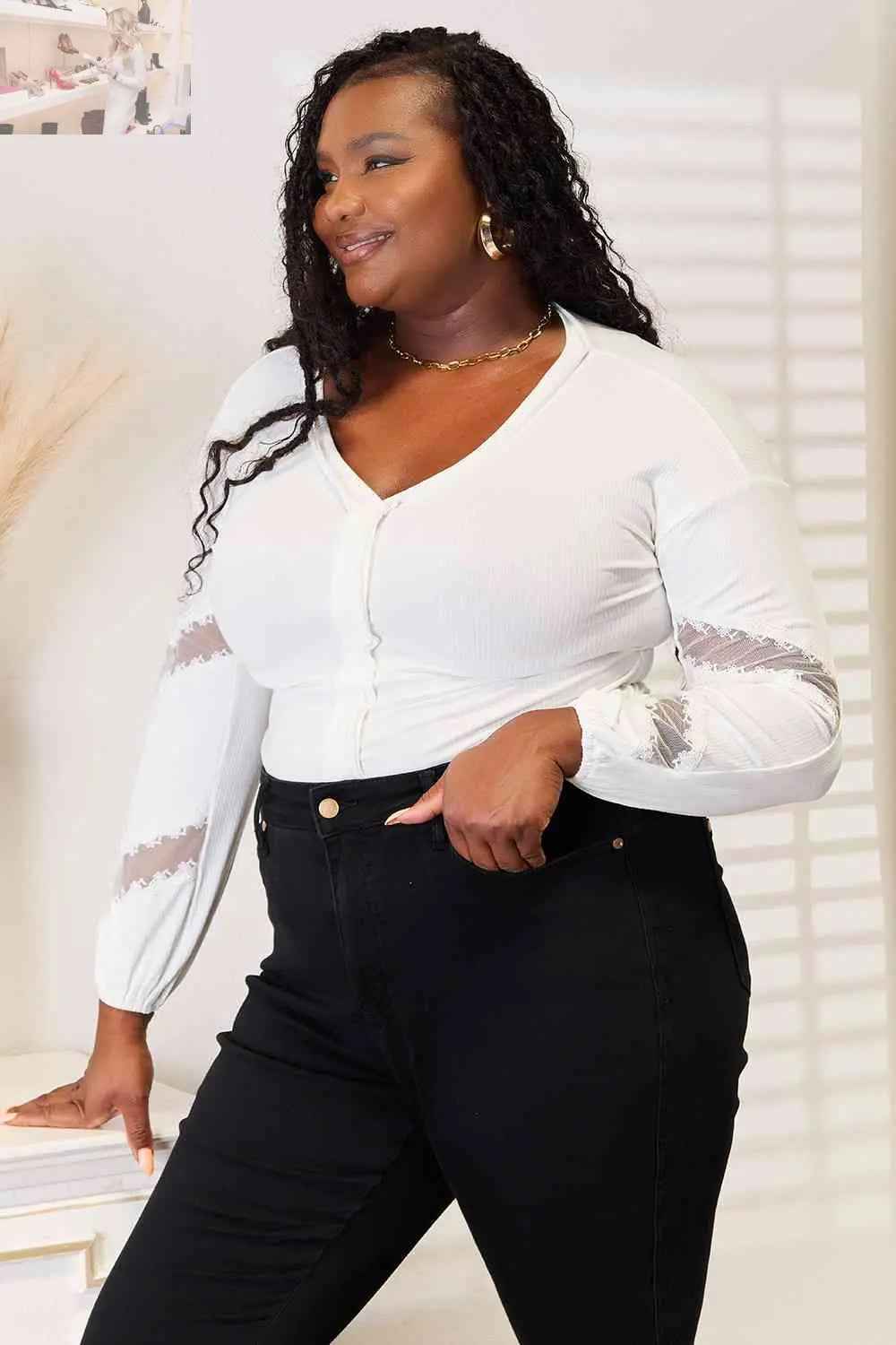 Double Take V - Neck Blouse with Dropped Shoulders for Effortless Style - MegaSuperStar