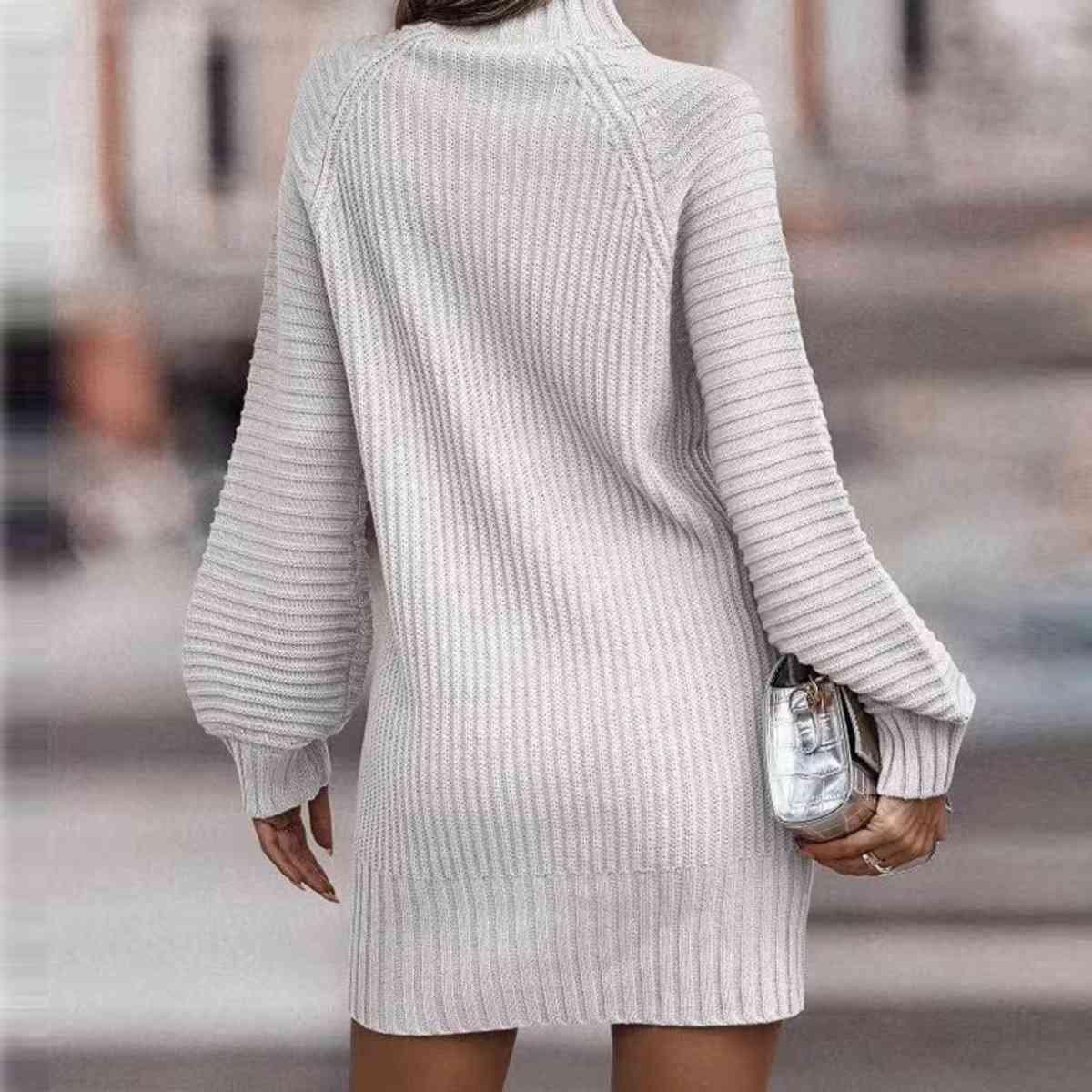 Mock Neck Lantern Sleeve Sweater Dress