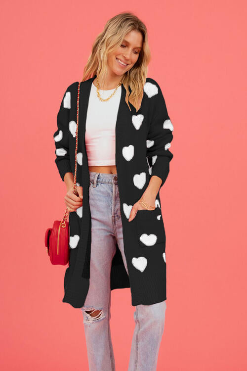 Heart Graphic Open Front Cardigan with Pockets - MegaSuperStar