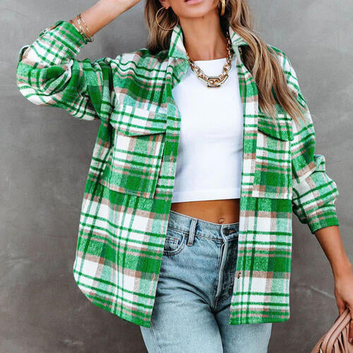 Plaid High-Low Collared Neck Jacket with Pockets