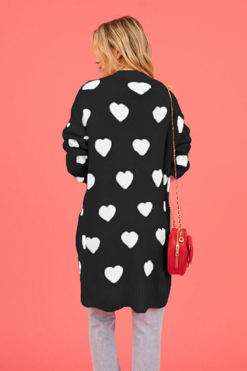 Heart Graphic Open Front Cardigan with Pockets - MegaSuperStar