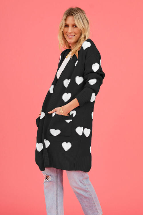 Heart Graphic Open Front Cardigan with Pockets - MegaSuperStar