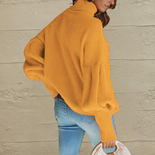 Turtleneck Lantern Sleeve Dropped Shoulder Sweater