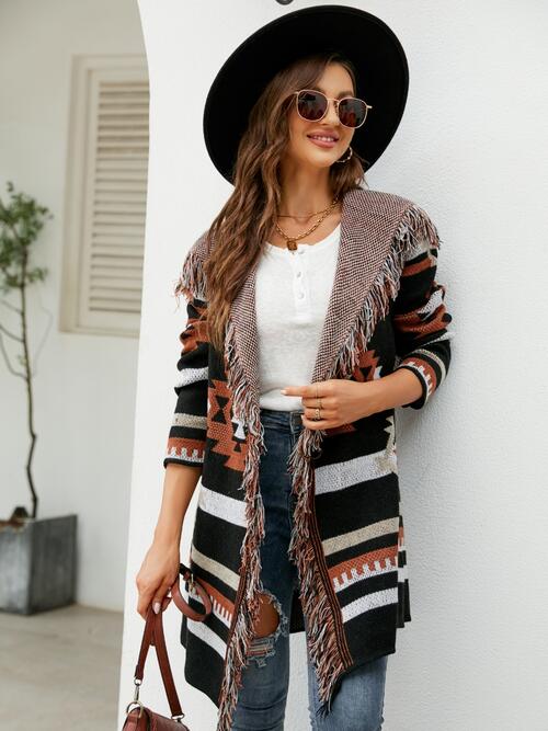 Fringe Geometric Hooded Long Sleeve Cardigan