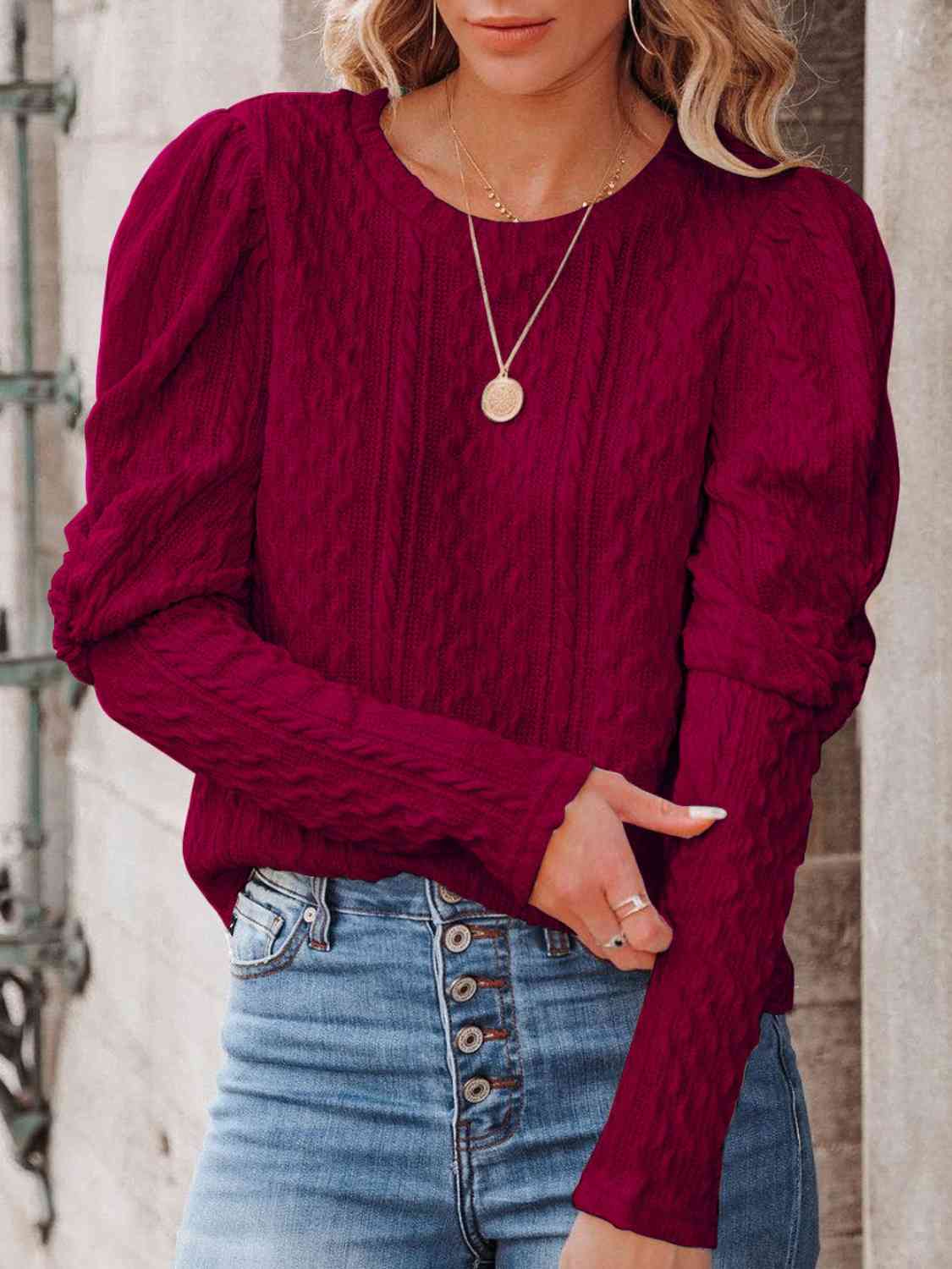 Round Neck Puff Sleeve Knit Top