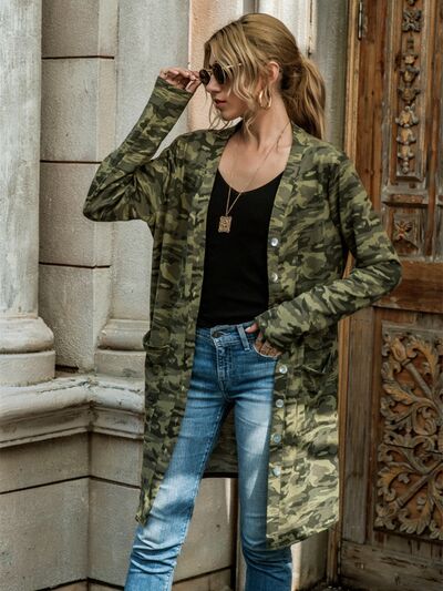 Camouflage Button Up Long Sleeve Cardigan - MegaSuperStar