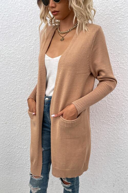 Open Front Long Sleeve Cardigan with Pockets - MegaSuperStar