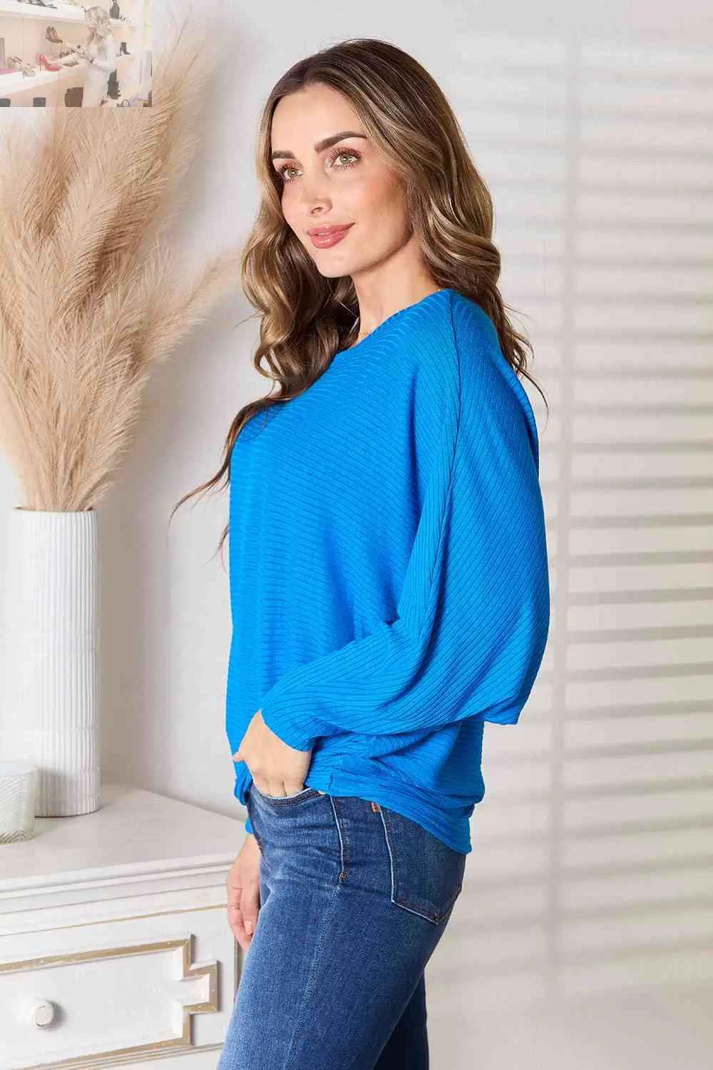 Zenana Batwing Sleeve Blouse - Full Size Round Neck Style - MegaSuperStar