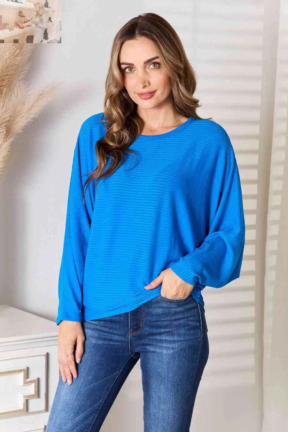 Zenana Batwing Sleeve Blouse - Full Size Round Neck Style - MegaSuperStar