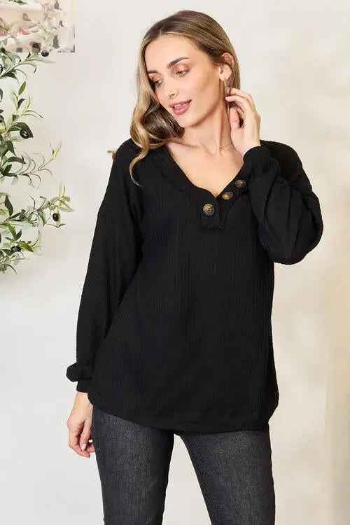 Zenana Long Sleeve Blouse with Button Details - MegaSuperStar