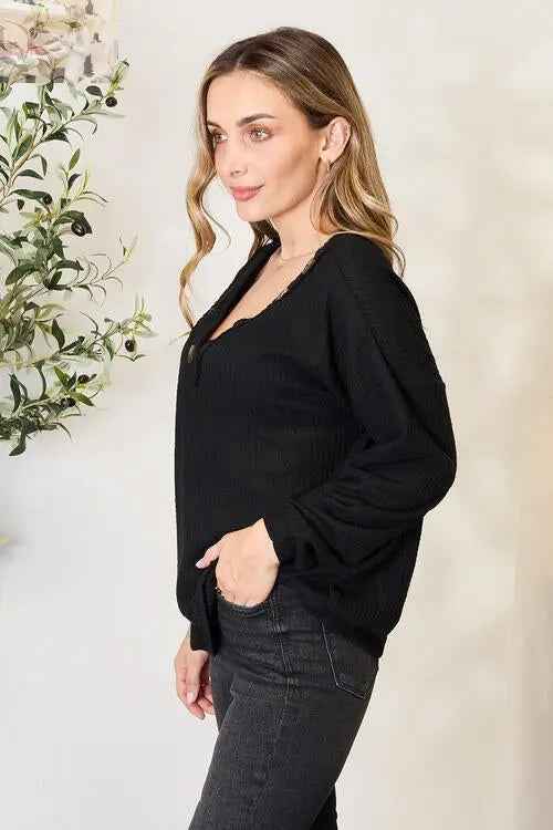 Zenana Long Sleeve Blouse with Button Details - MegaSuperStar