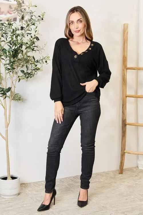 Zenana Long Sleeve Blouse with Button Details - MegaSuperStar