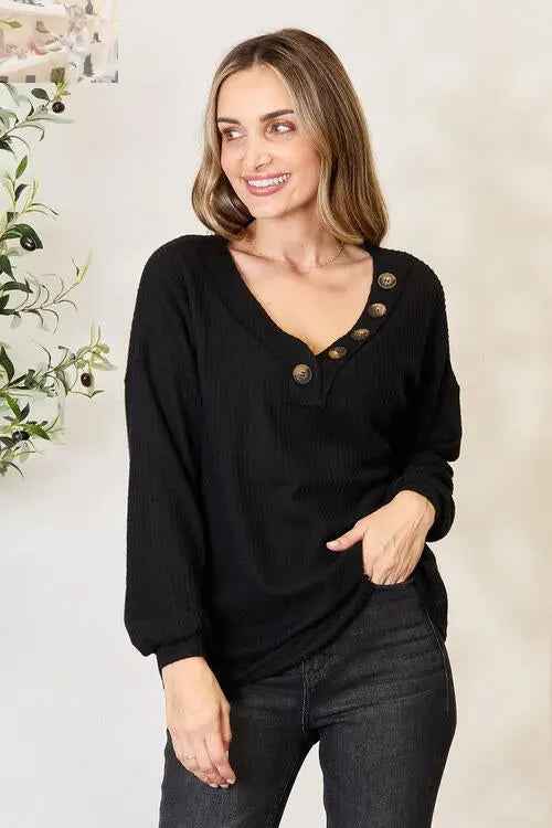 Zenana Long Sleeve Blouse with Button Details - MegaSuperStar